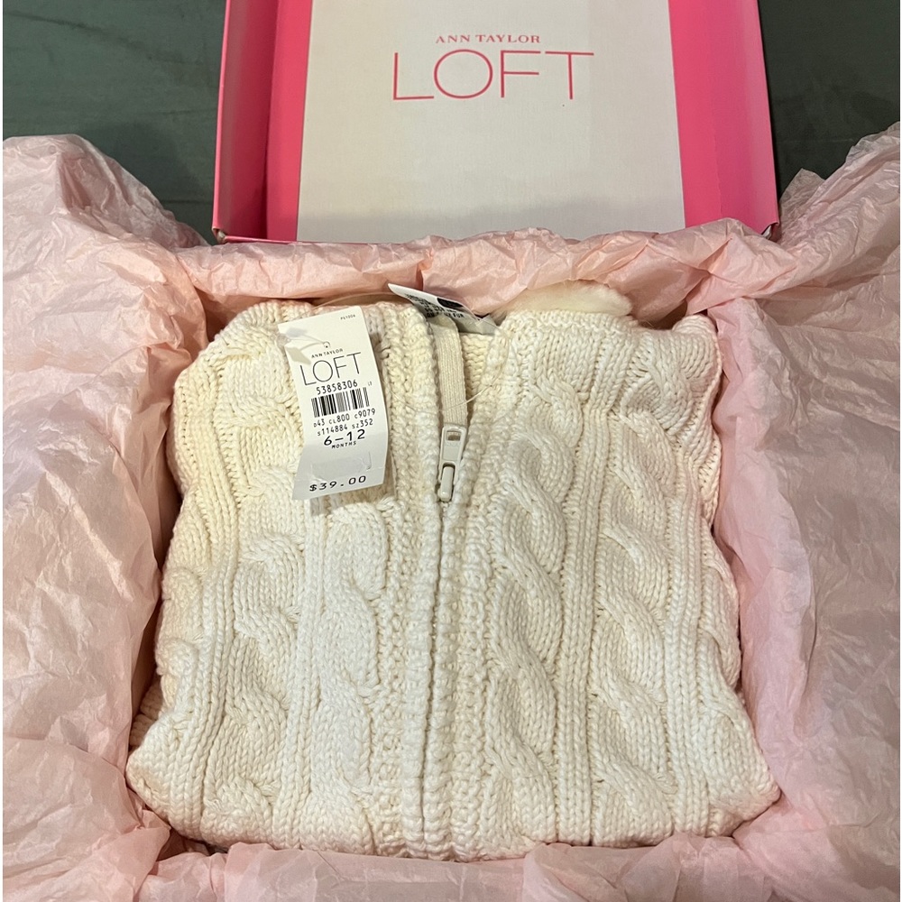 Loft brand new still in box 6 to 12 months, gorgeous white sweater with fur